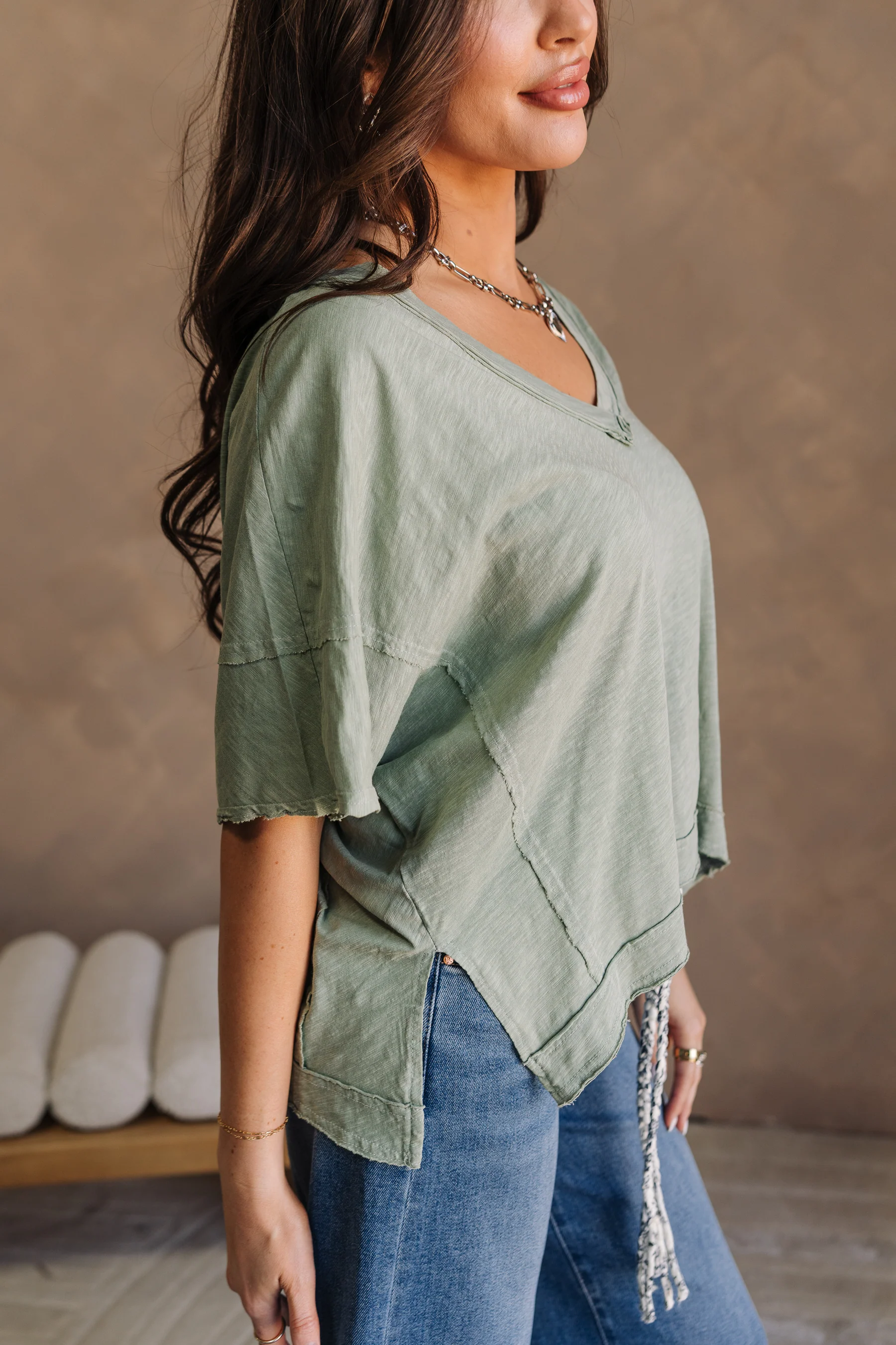 Harlow Sage Green V-Neckline Short Sleeve Top - Image 3