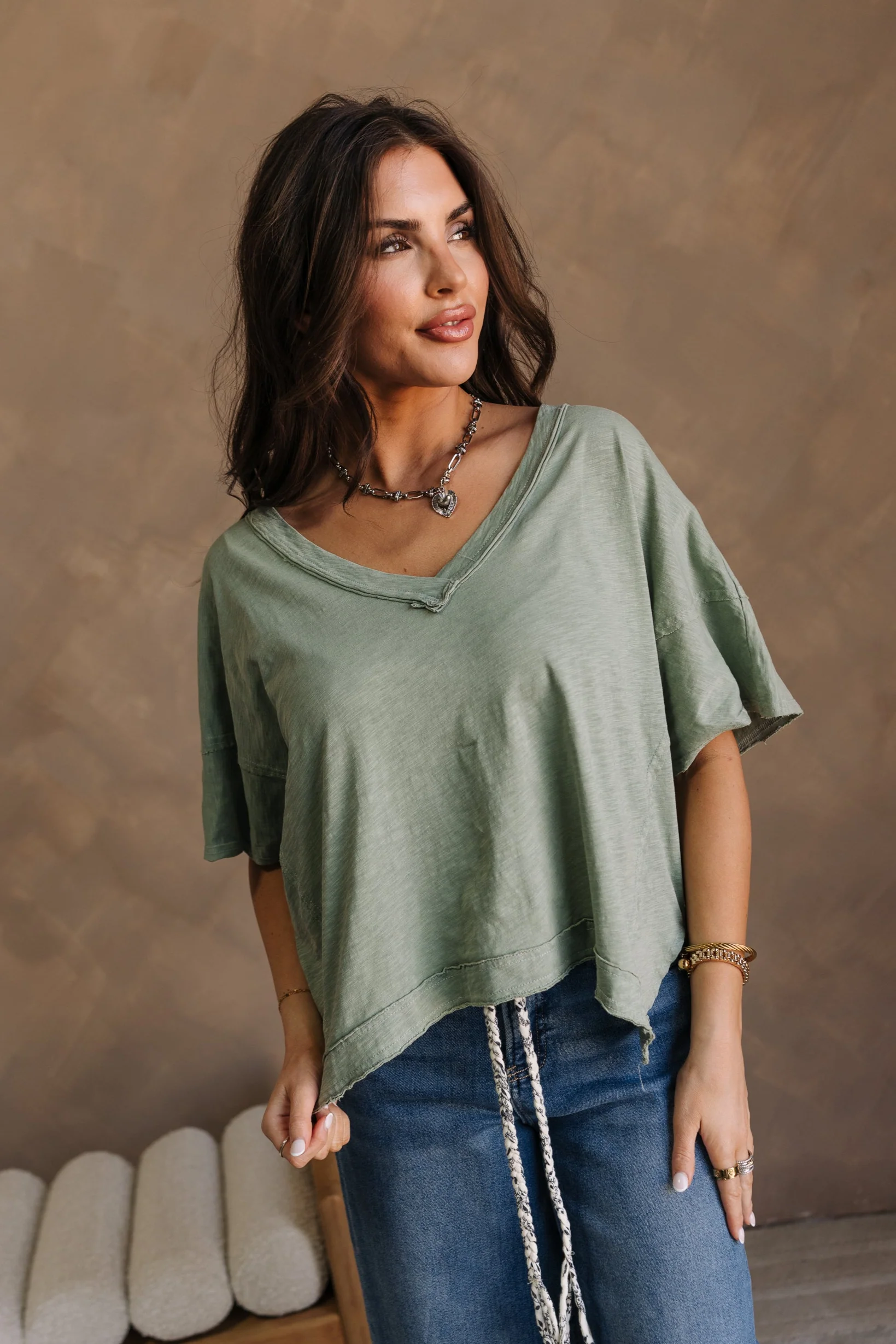 Harlow Sage Green V-Neckline Short Sleeve Top - Image 5