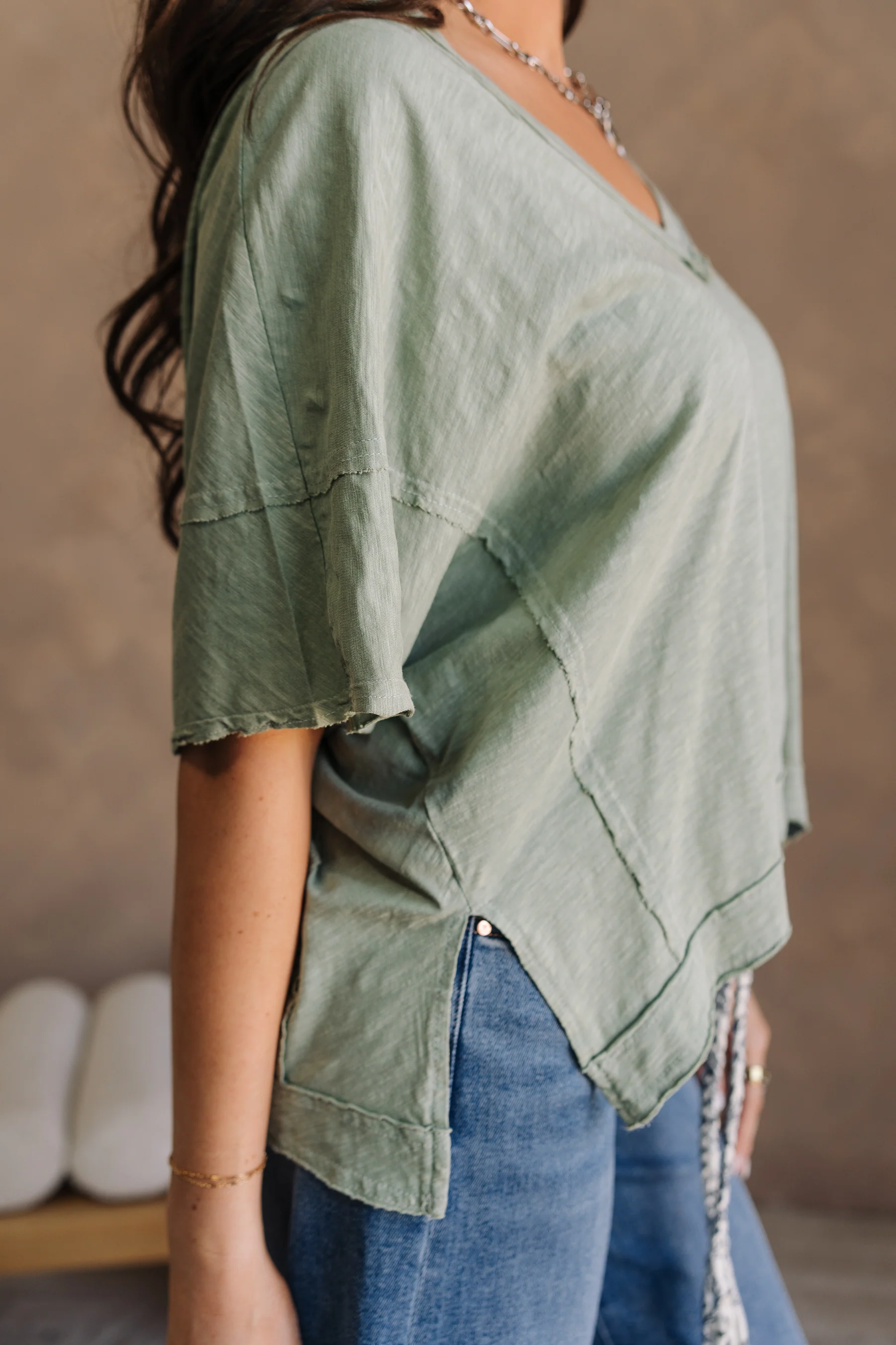 Harlow Sage Green V-Neckline Short Sleeve Top - Image 7