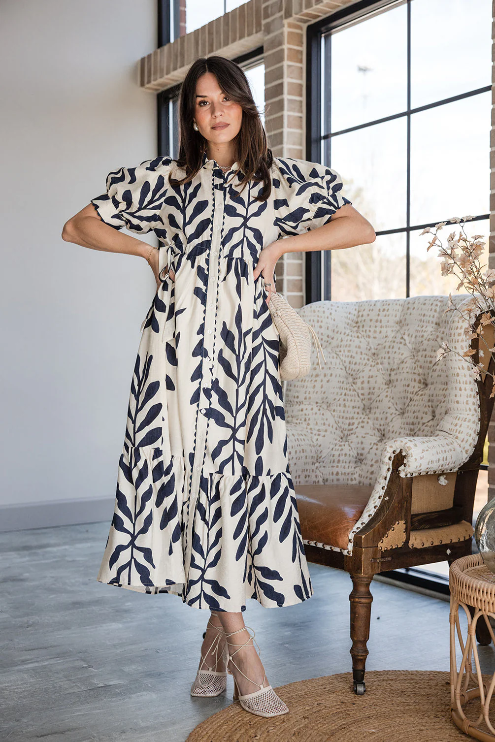 Harmony Navy & Cream Flare Midi Dress