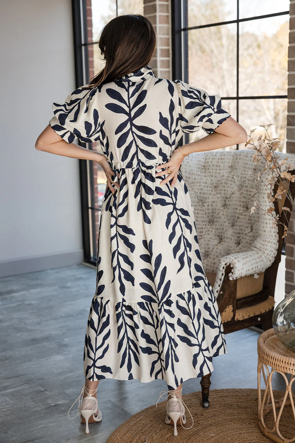 Harmony Navy & Cream Flare Midi Dress - Image 3