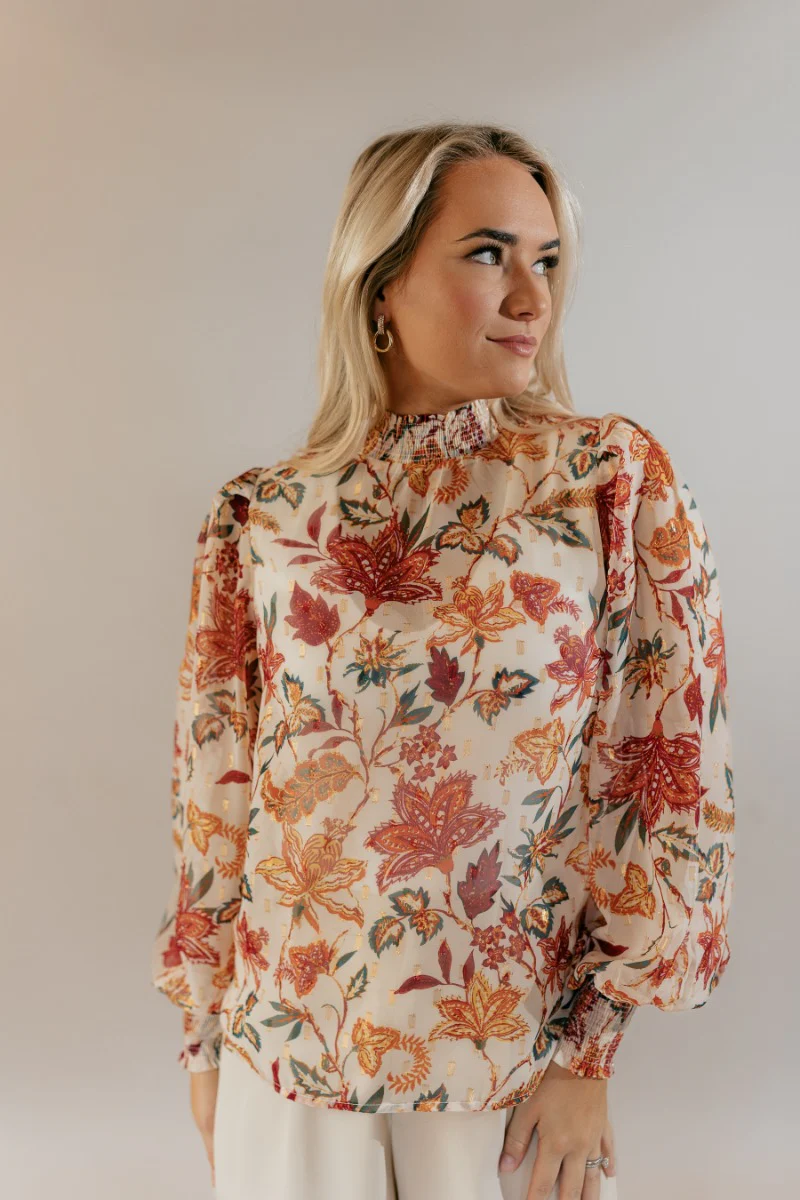 Harmony Sheer Cream Floral Long Sleeve Top - Image 2