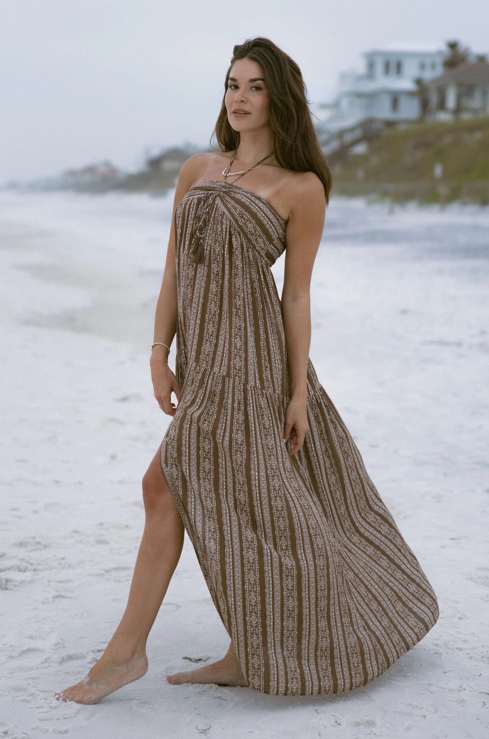 Harper Brown & White Halter Maxi Dress