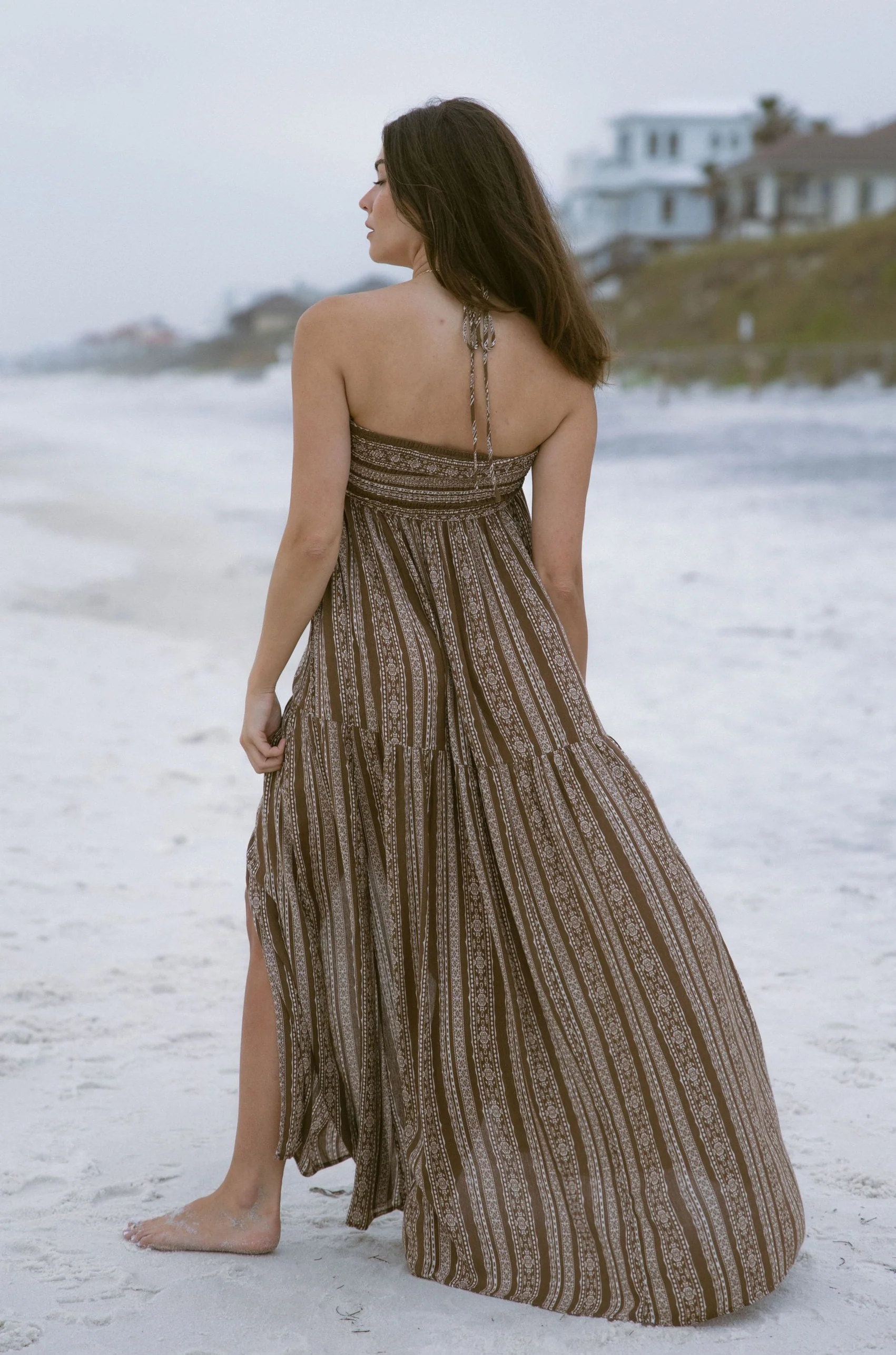 Harper Brown & White Halter Maxi Dress - Image 4