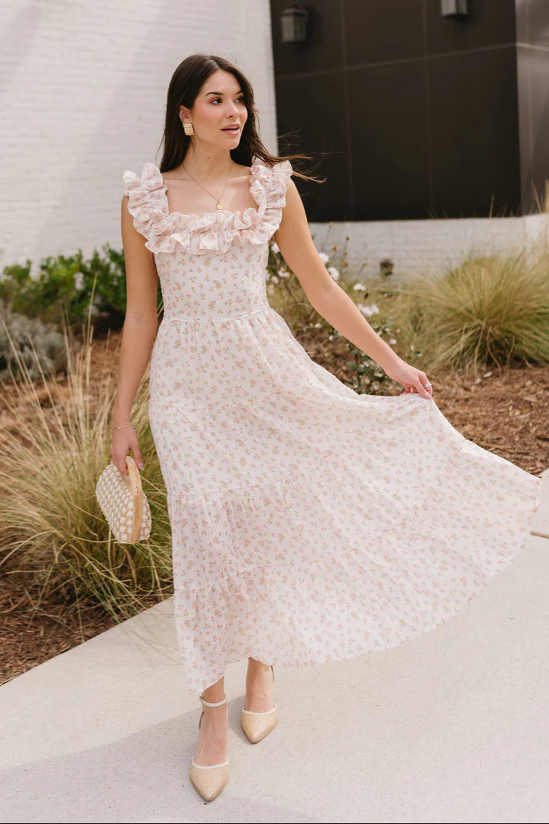 Haven Peach Floral Ruffle Midi Dress