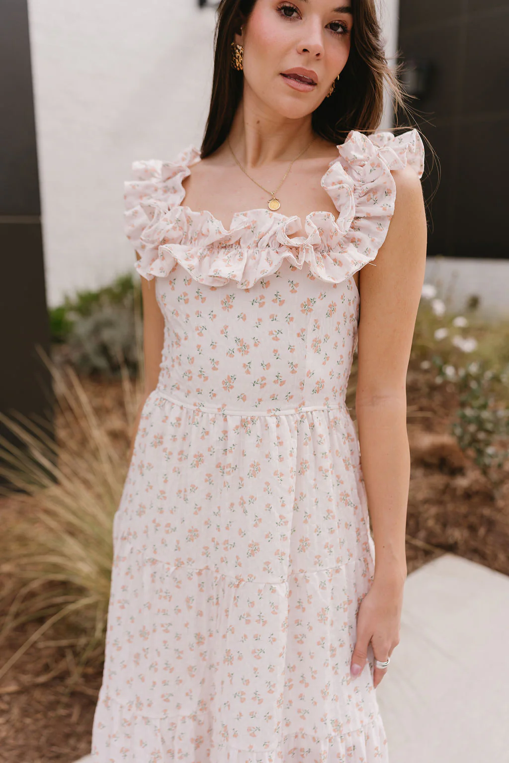 Haven Peach Floral Ruffle Midi Dress - Image 2