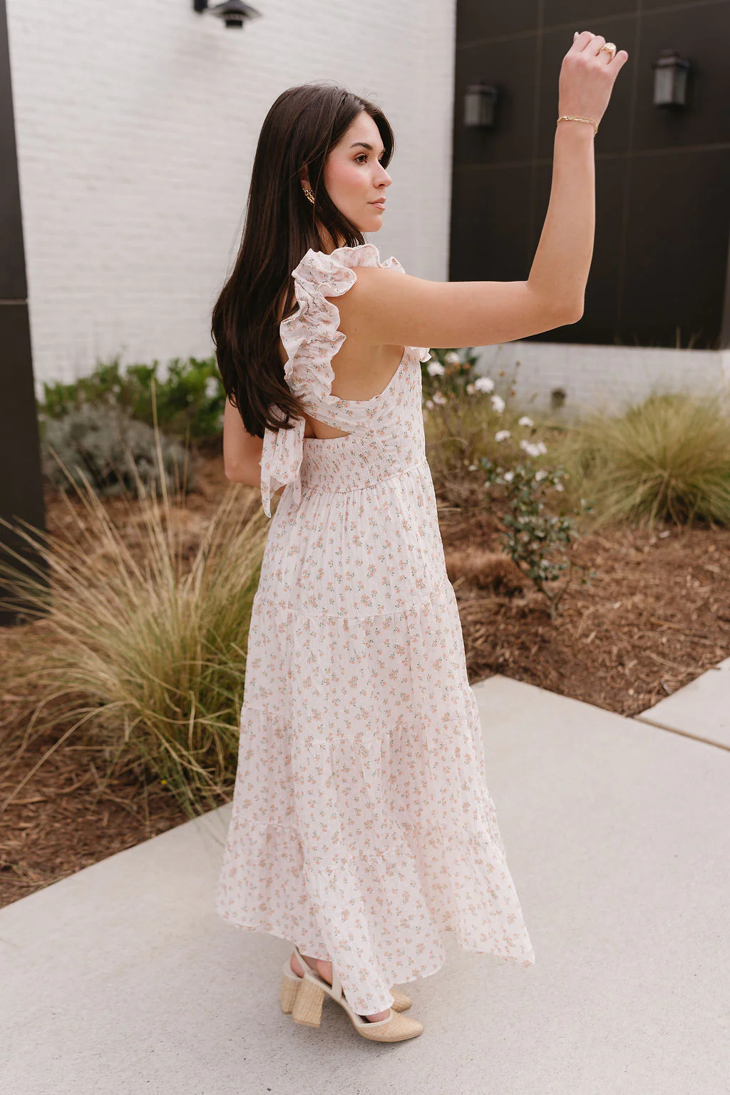 Haven Peach Floral Ruffle Midi Dress - Image 8