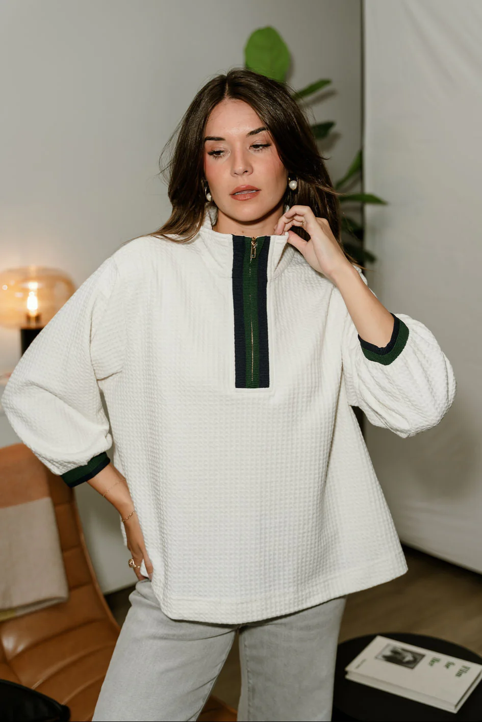 Hayden Cream Waffle Knit Quarter-Zip Top - Image 2