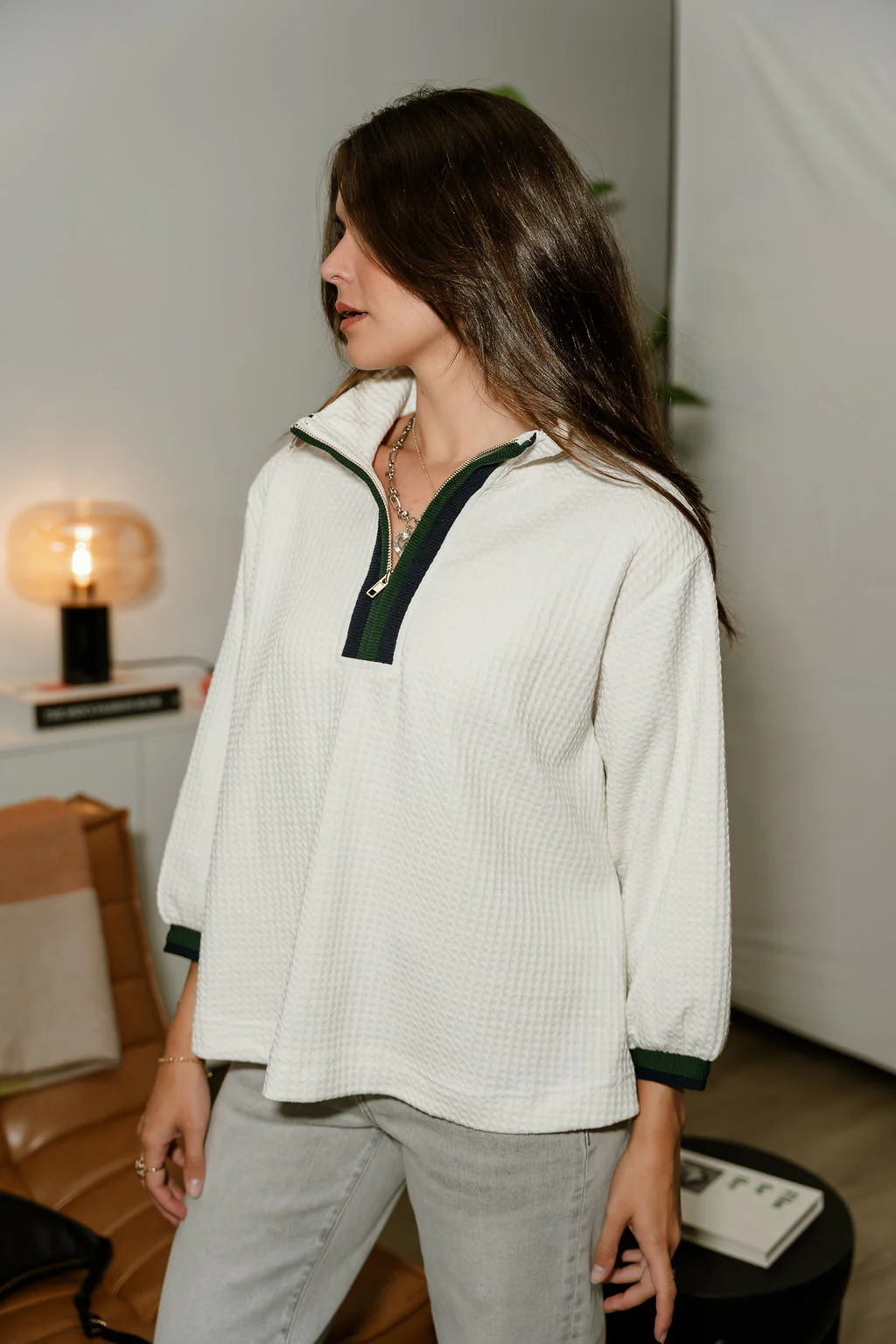 Hayden Cream Waffle Knit Quarter-Zip Top - Image 5