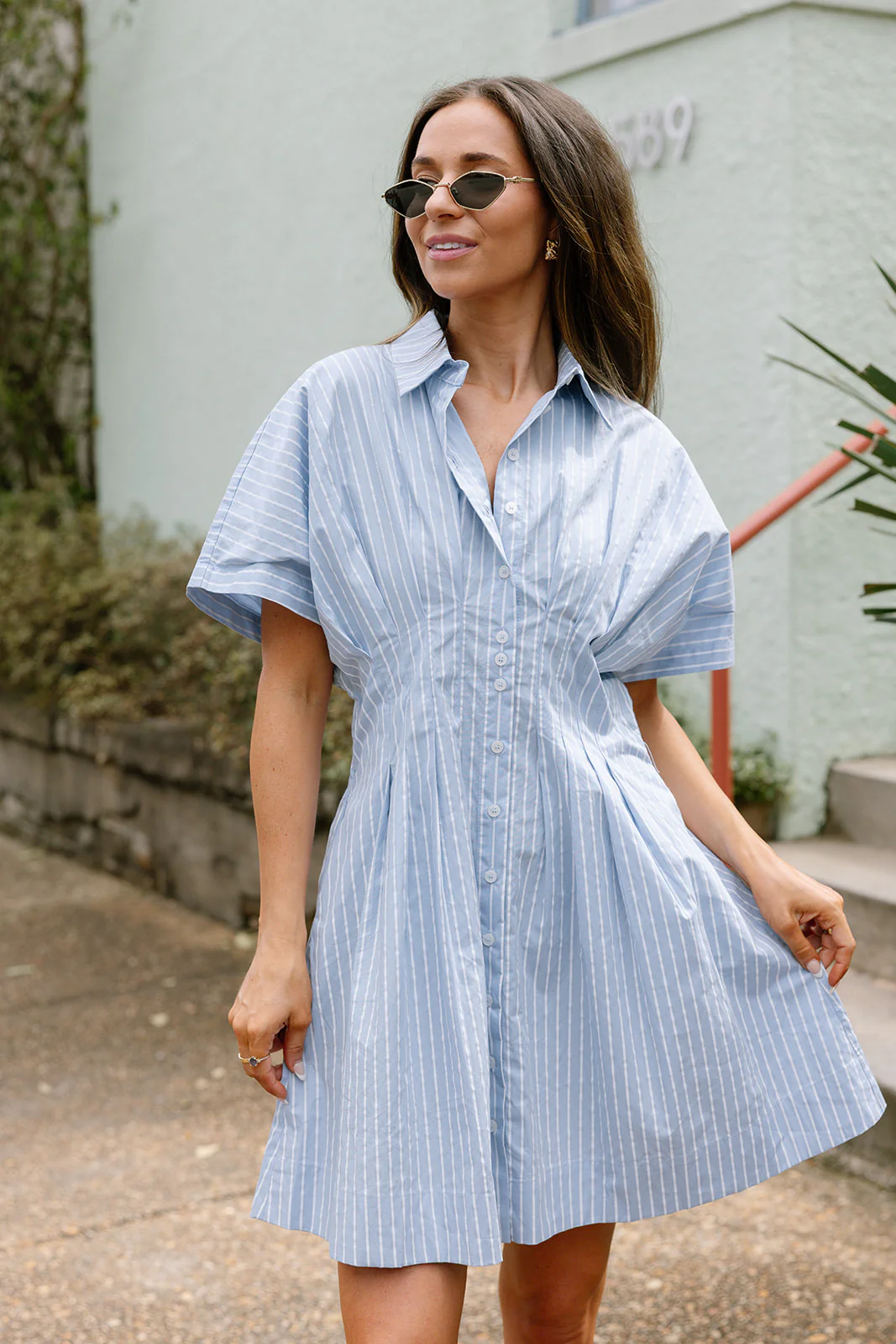 Hayden Light Blue & White Stripe Flare Mini Dress - Image 2