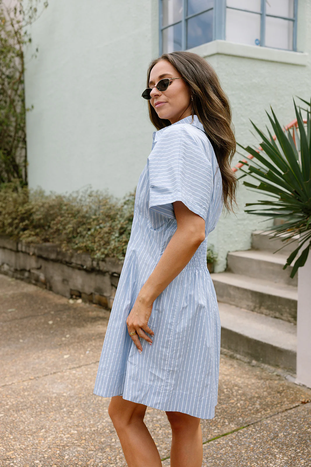 Hayden Light Blue & White Stripe Flare Mini Dress - Image 3