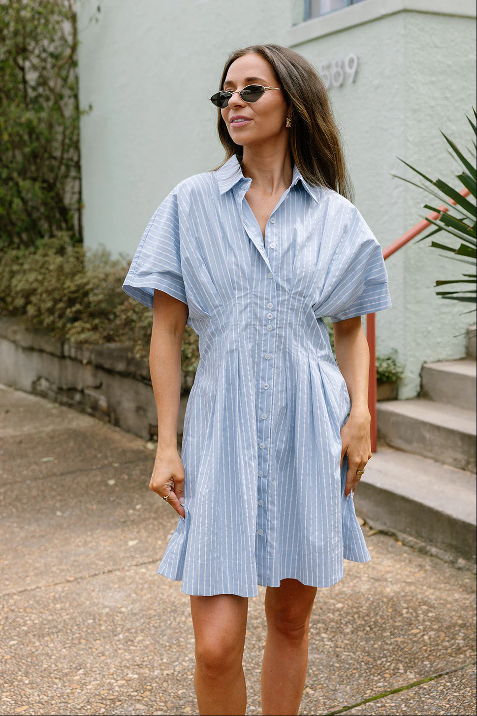 Hayden Light Blue & White Stripe Flare Mini Dress - Image 4