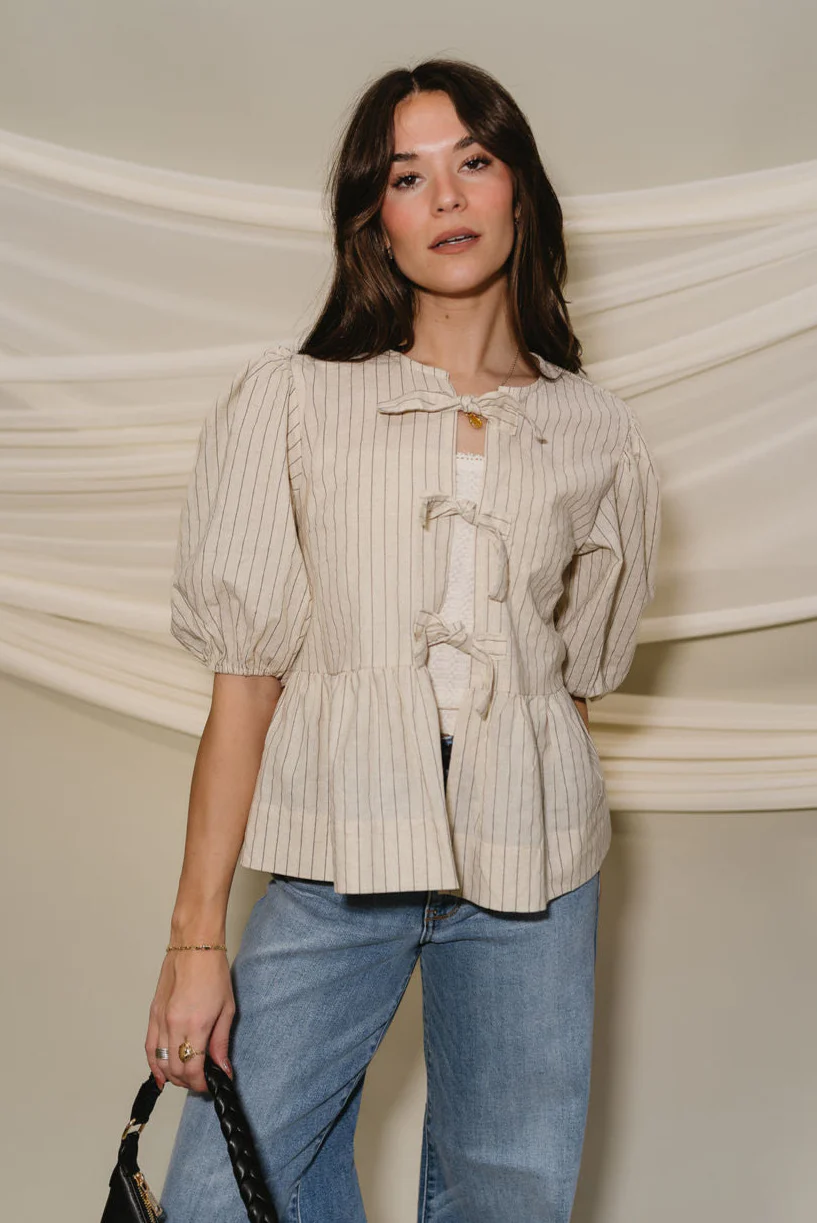 Hayden Tan & Washed Black Stripe Short Sleeve Puff Top