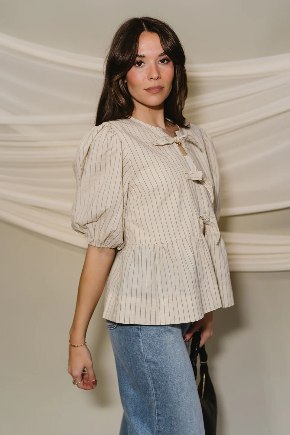 Hayden Tan & Washed Black Stripe Short Sleeve Puff Top - Image 3