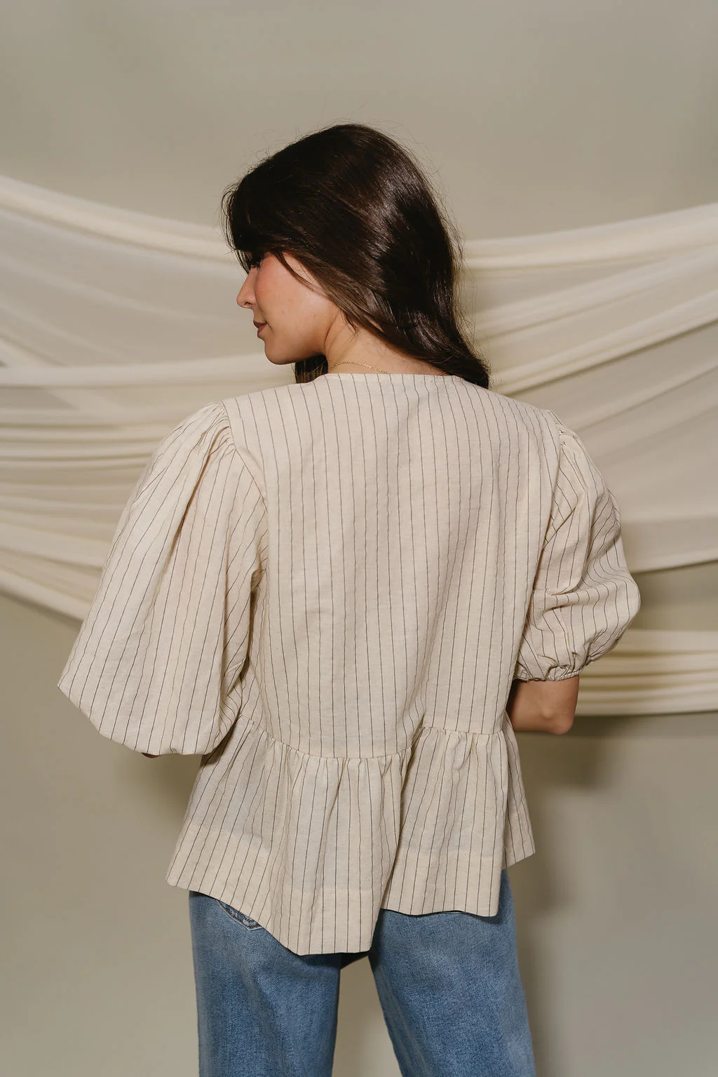 Hayden Tan & Washed Black Stripe Short Sleeve Puff Top - Image 4