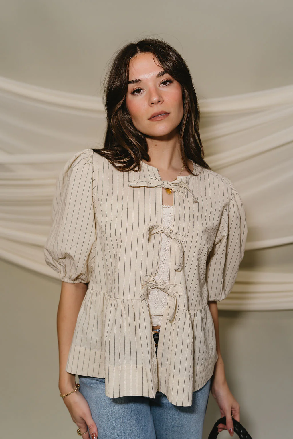 Hayden Tan & Washed Black Stripe Short Sleeve Puff Top - Image 5