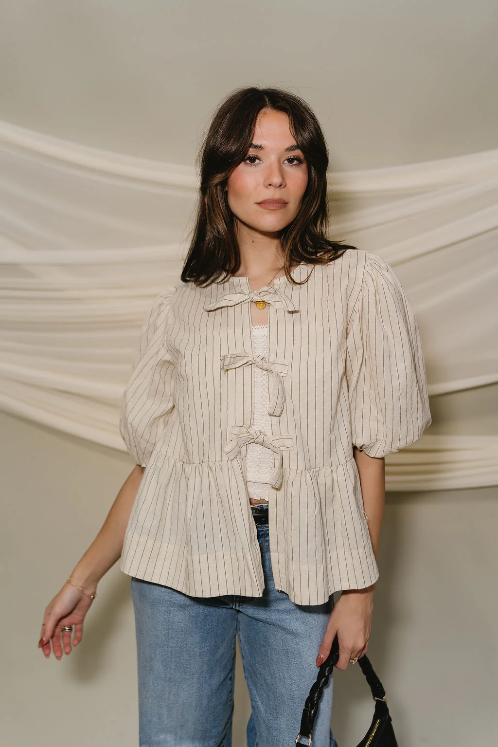 Hayden Tan & Washed Black Stripe Short Sleeve Puff Top - Image 6