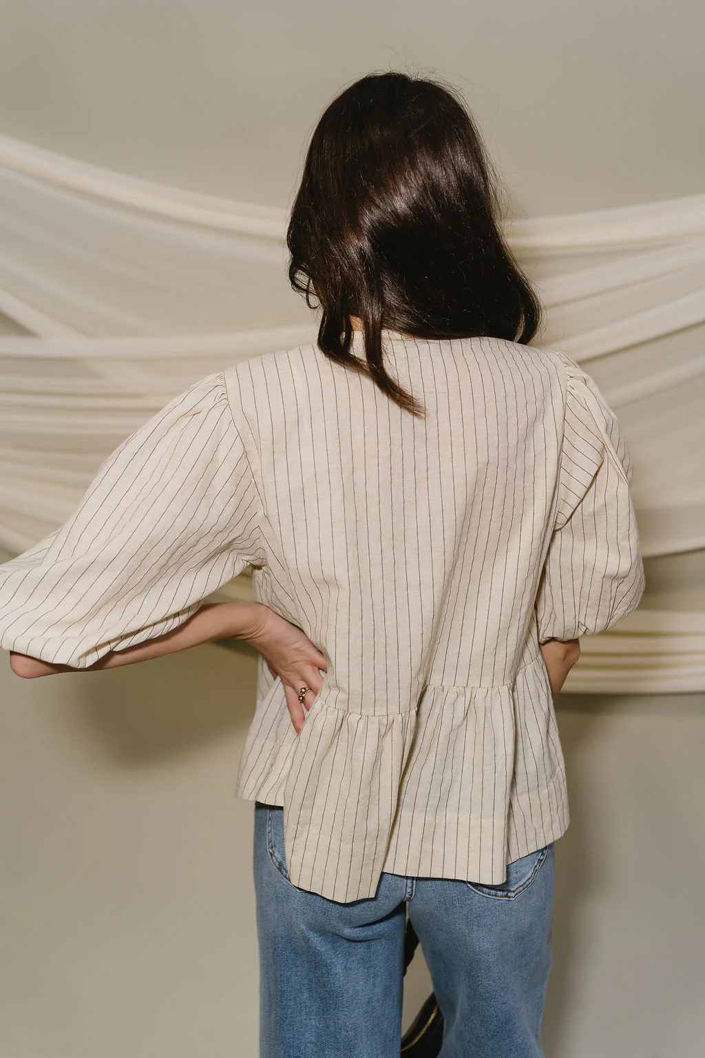 Hayden Tan & Washed Black Stripe Short Sleeve Puff Top - Image 8