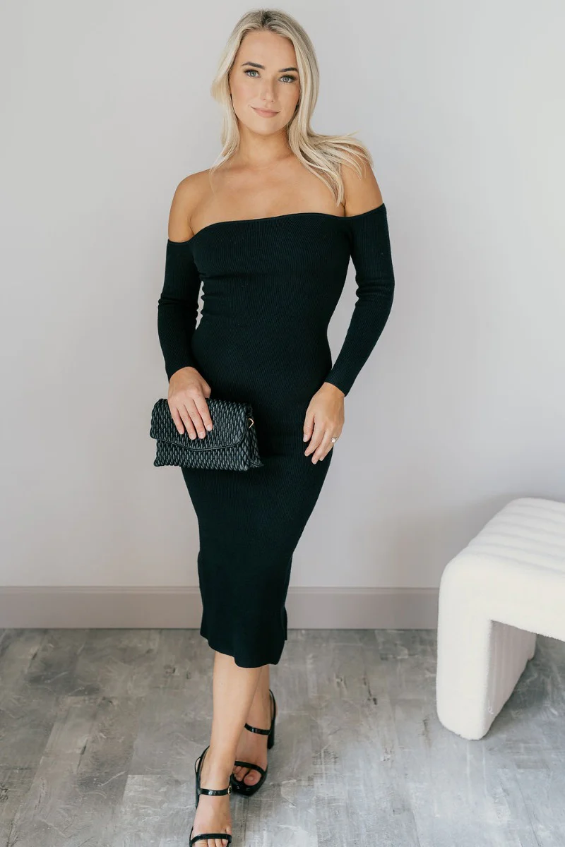 Hayley Black Ribbed Off-The-Shoulder Long Sleeve Midi Dress - Image 2