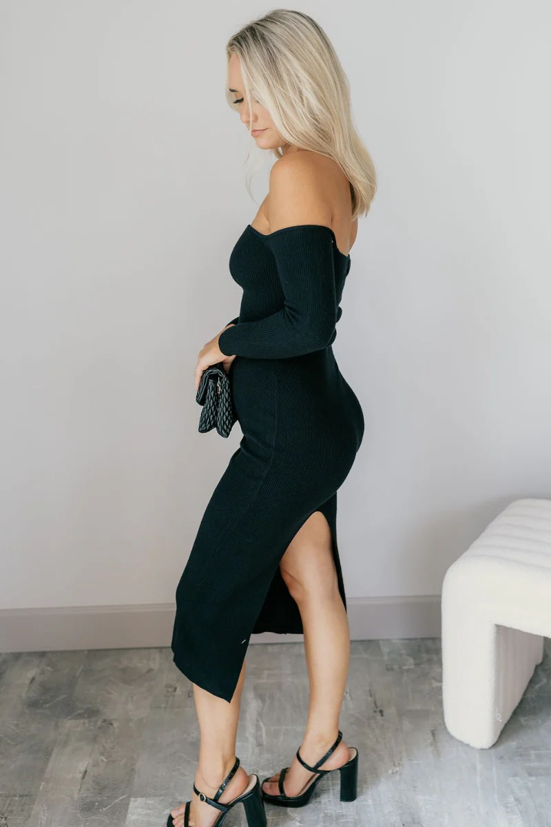 Hayley Black Ribbed Off-The-Shoulder Long Sleeve Midi Dress - Image 6