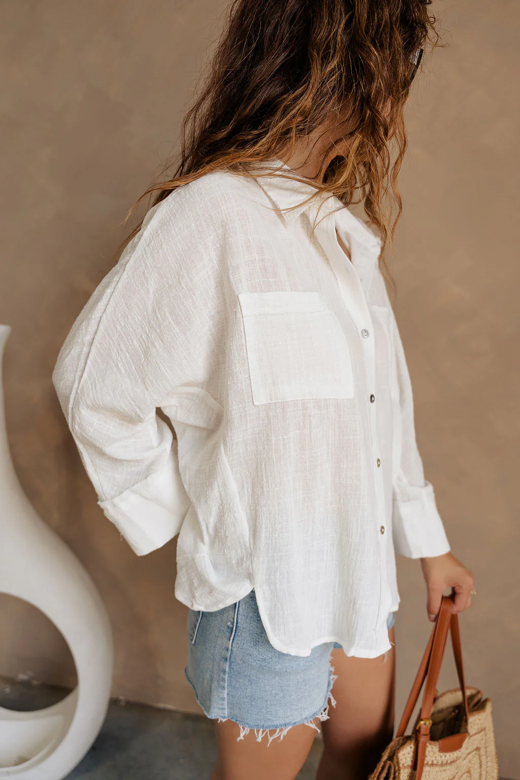 Hazel White Linen Button-Up Long Sleeve Top - Image 3