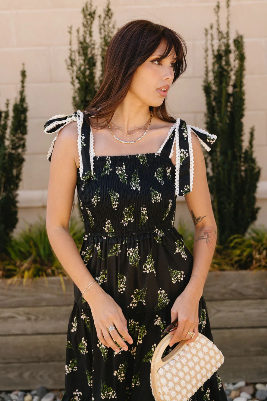 Heather Black Floral Tie Strap Midi Dress - Image 3