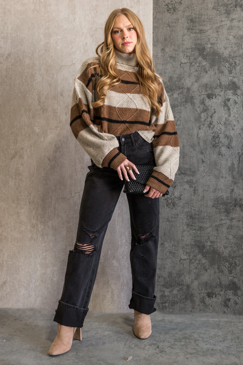 Heather Oatmeal Multi Turtleneck Long Sleeve Sweater - Image 3