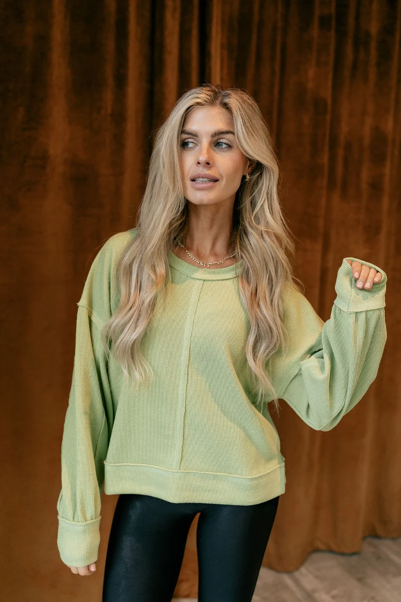 Heather Ribbed Long Sleeve Top in Lime - Image 2