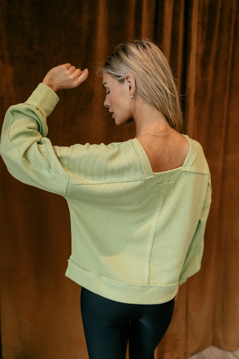 Heather Ribbed Long Sleeve Top in Lime - Image 3