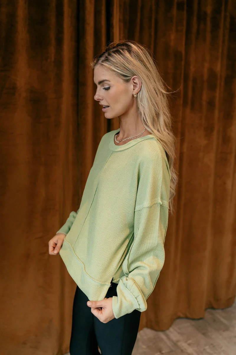 Heather Ribbed Long Sleeve Top in Lime - Image 4