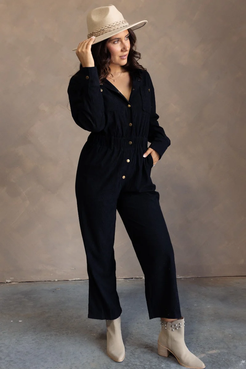 Heidi Black Corduroy Long Sleeve Jumpsuit
