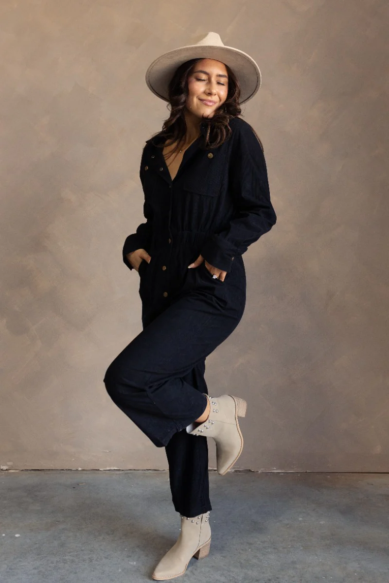 Heidi Black Corduroy Long Sleeve Jumpsuit - Image 2