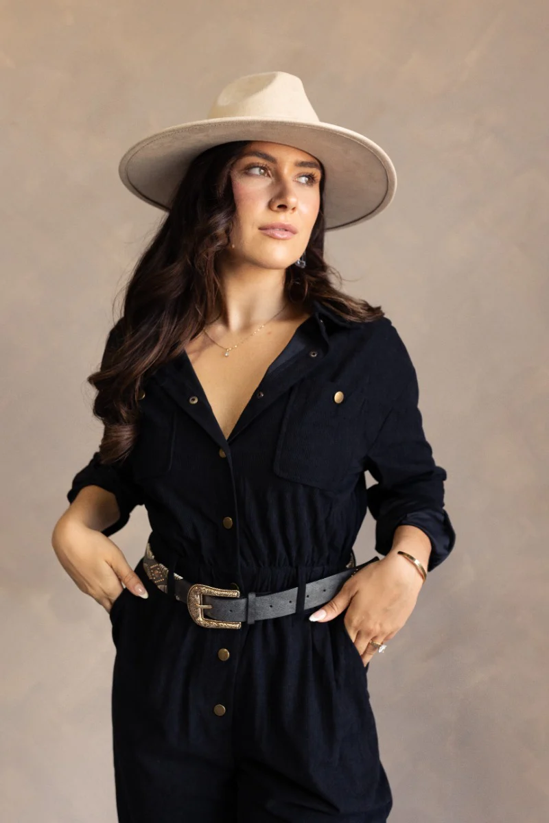 Heidi Black Corduroy Long Sleeve Jumpsuit - Image 3