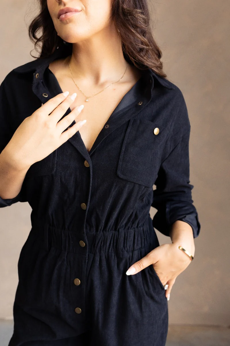 Heidi Black Corduroy Long Sleeve Jumpsuit - Image 4