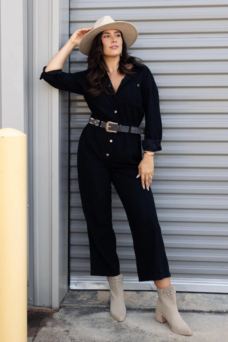 Heidi Black Corduroy Long Sleeve Jumpsuit - Image 6