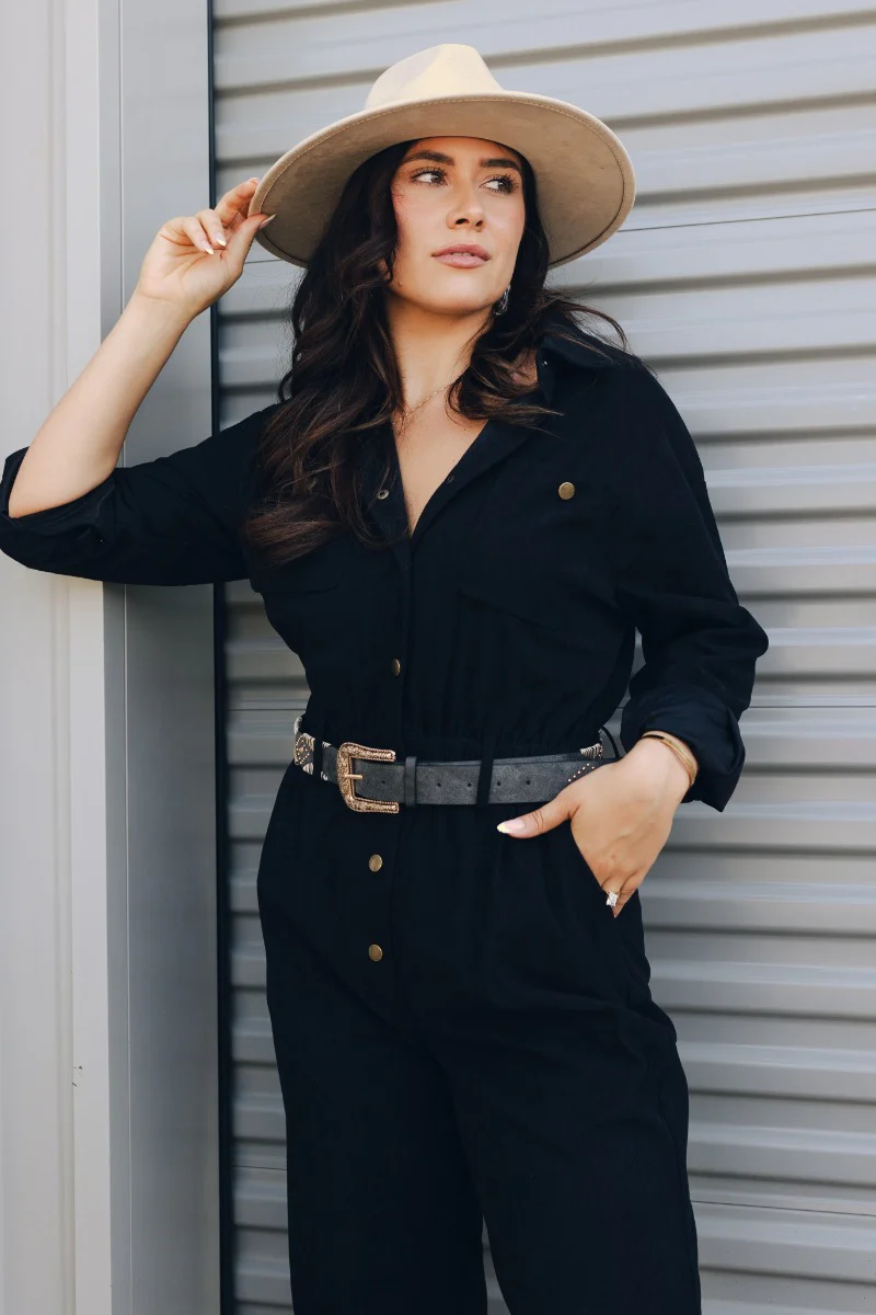 Heidi Black Corduroy Long Sleeve Jumpsuit - Image 7