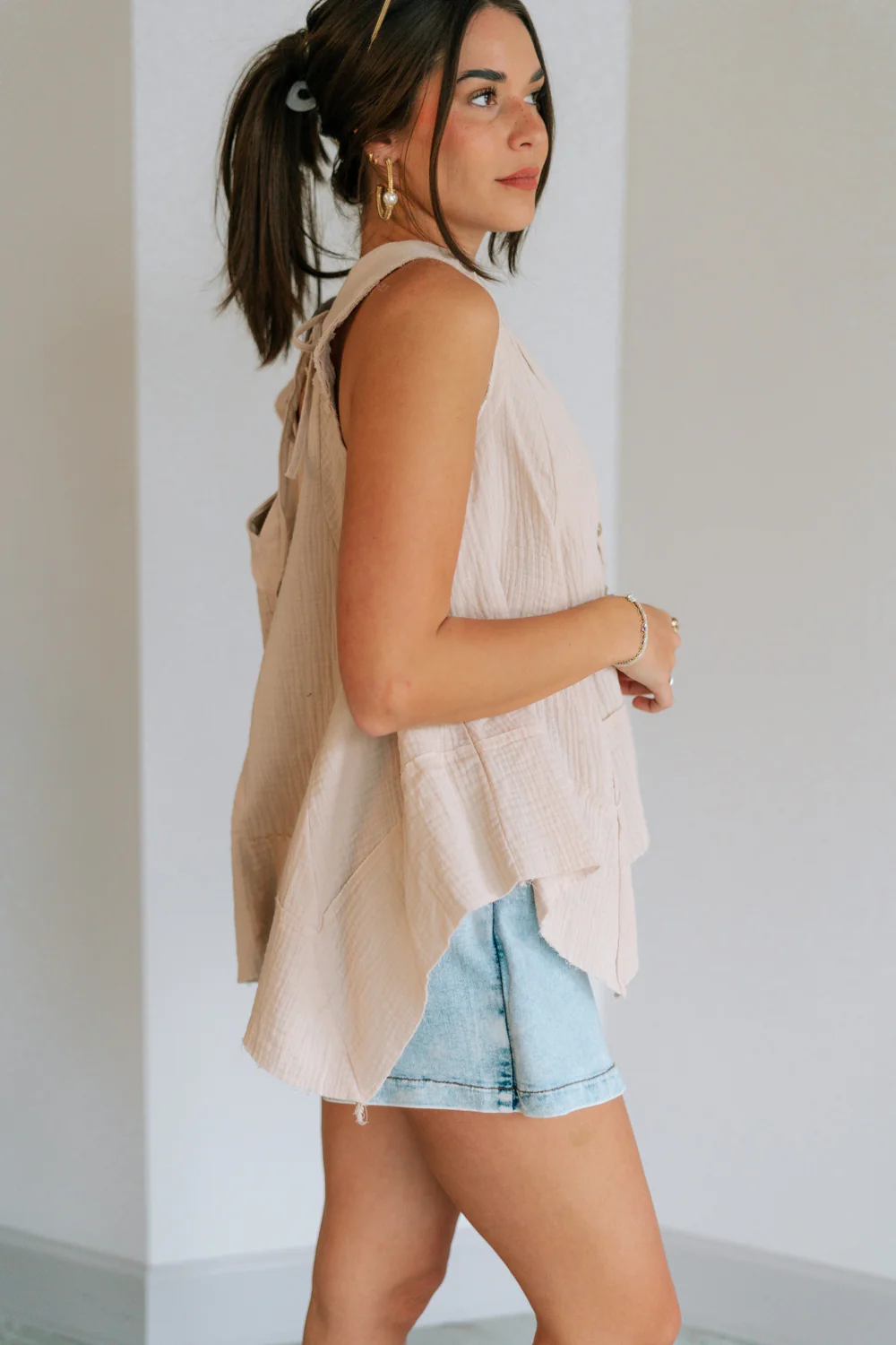 Heidi Light Beige Gauze Sleeveless Top - Image 3