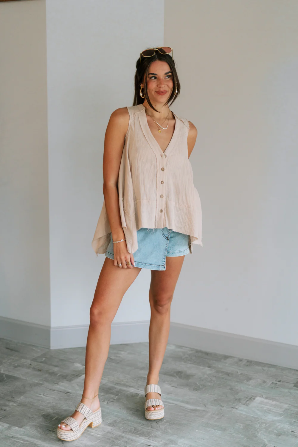 Heidi Light Beige Gauze Sleeveless Top - Image 4
