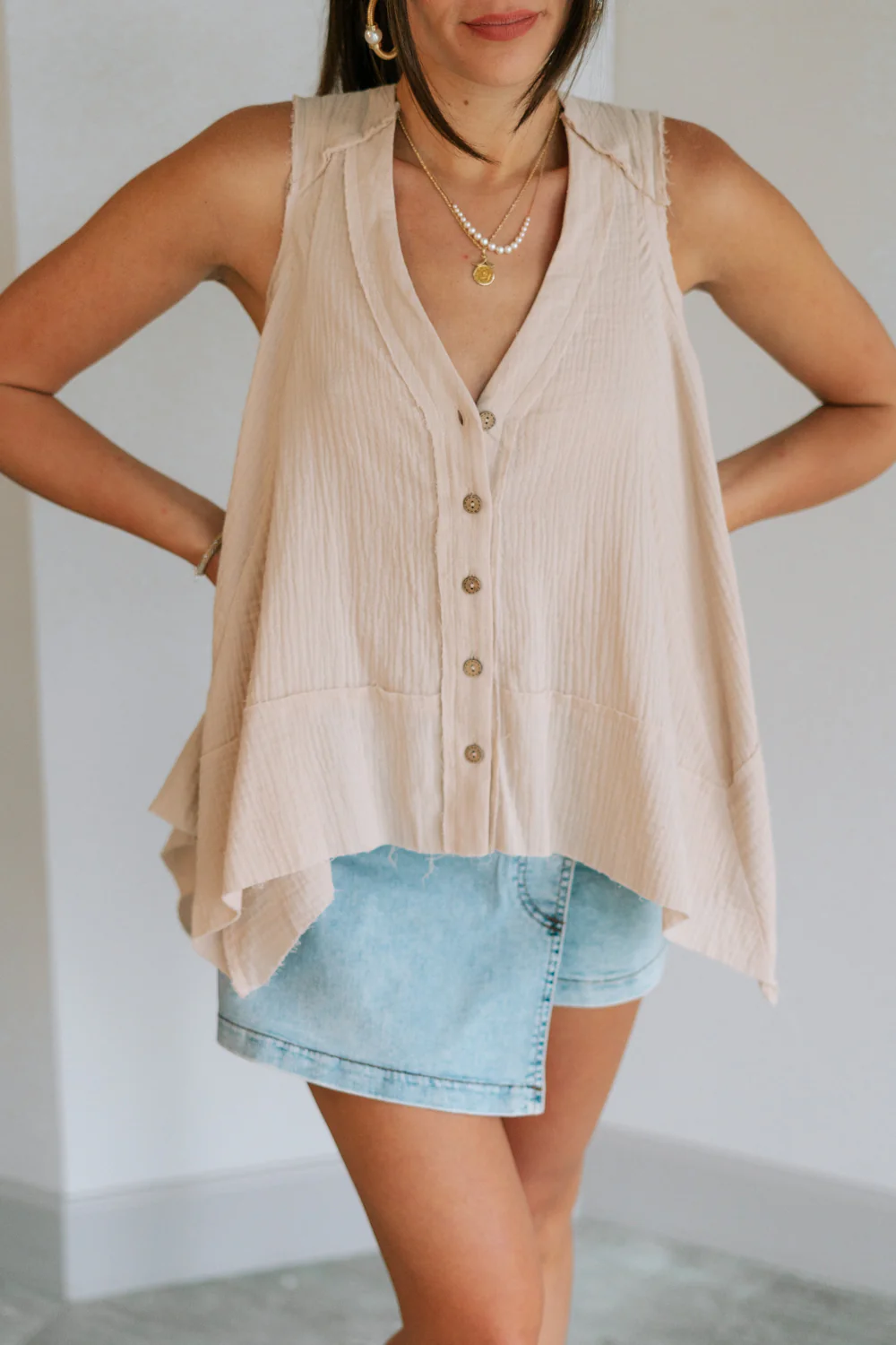 Heidi Light Beige Gauze Sleeveless Top - Image 5