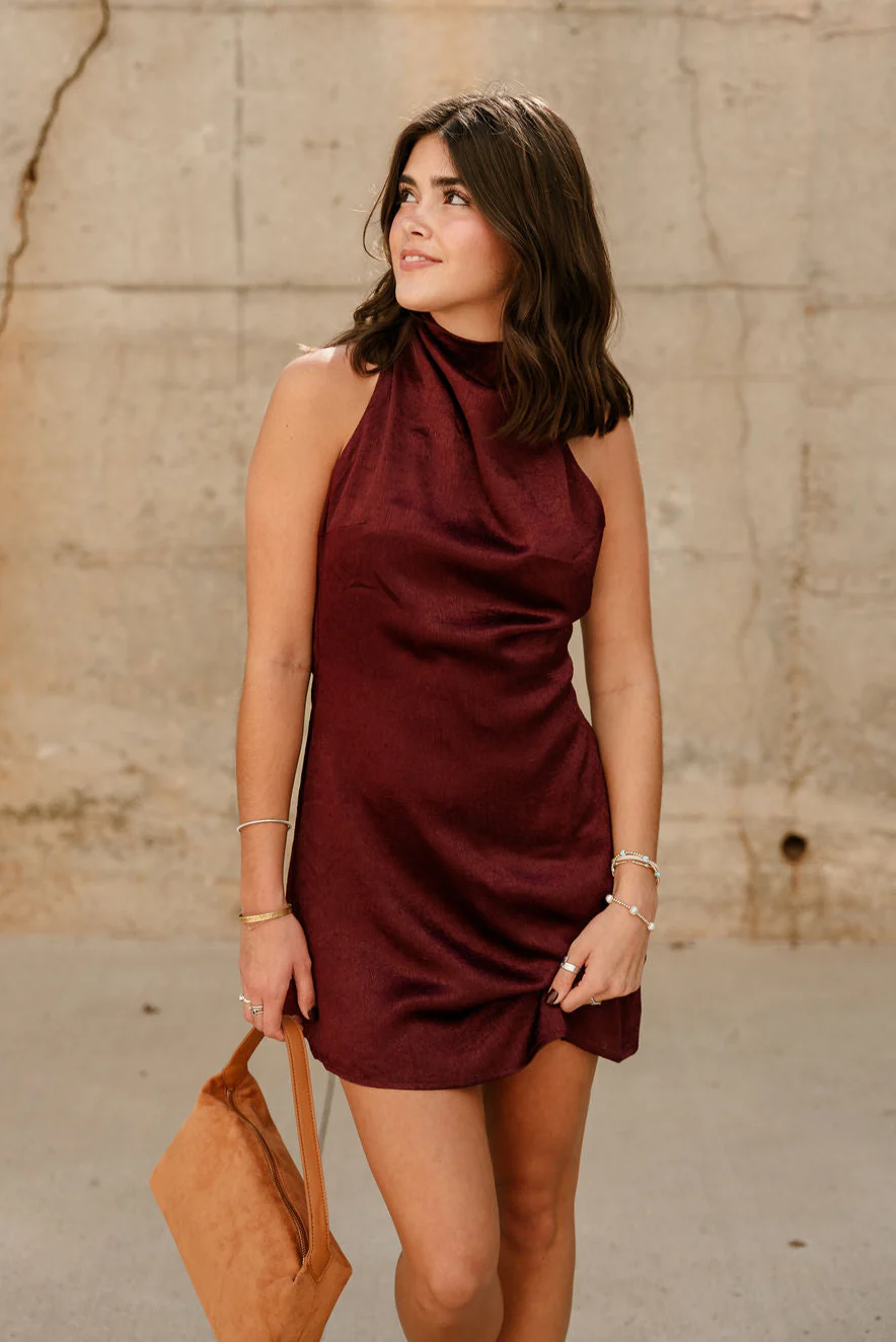 Helen Dark Wine Satin Mini Dress - Image 2