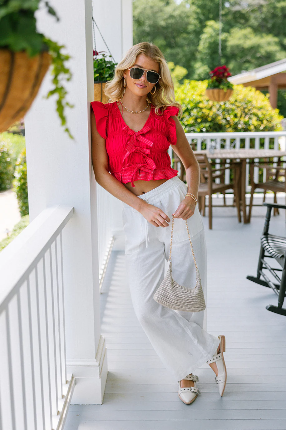 Helen Red Smocked Ruffle Bow Top - Image 2