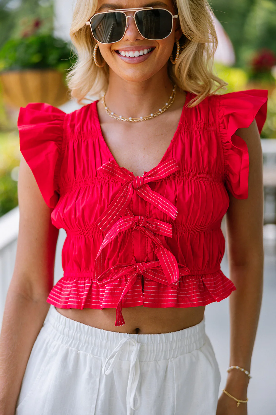 Helen Red Smocked Ruffle Bow Top - Image 4