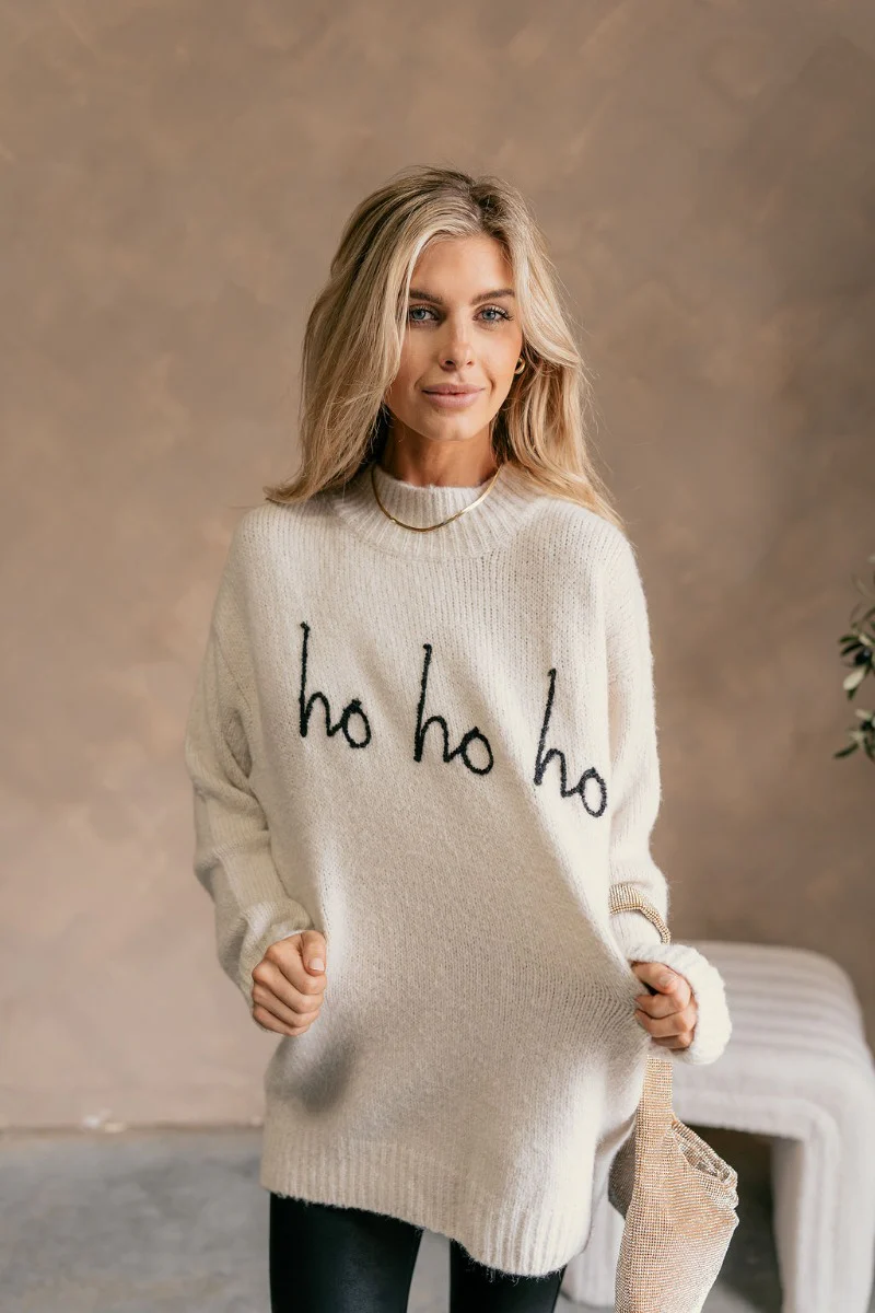 Ho Ho Ho Beige & Black Mock Neck Sweater