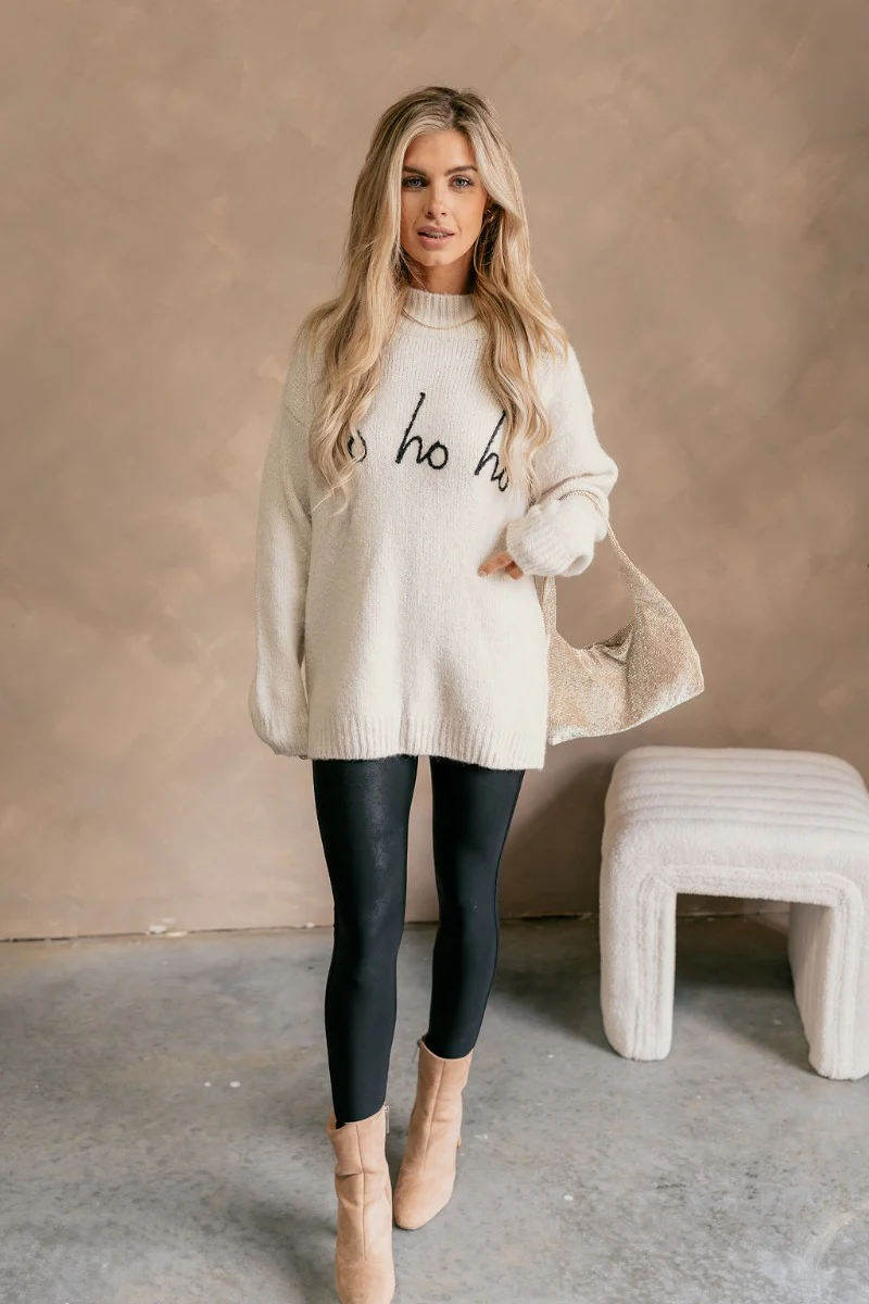 Ho Ho Ho Beige & Black Mock Neck Sweater - Image 2