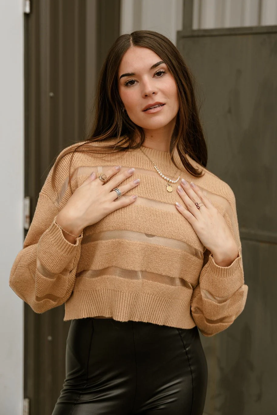 Camile Camel Mesh Stripe Knit Sweater