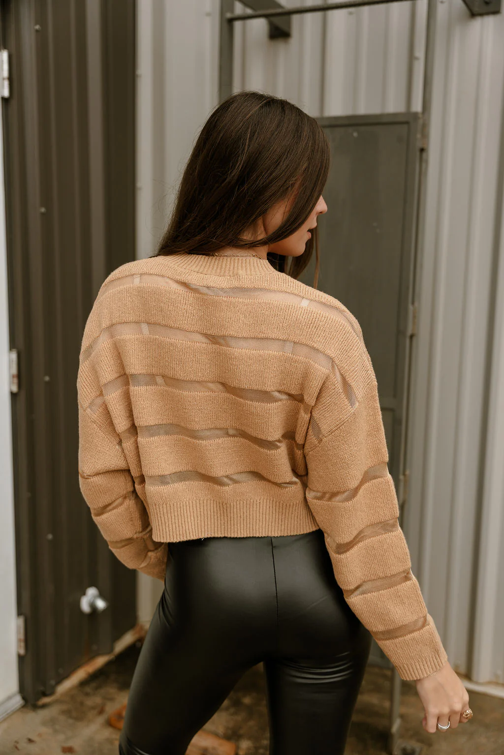 Camile Camel Mesh Stripe Knit Sweater - Image 4