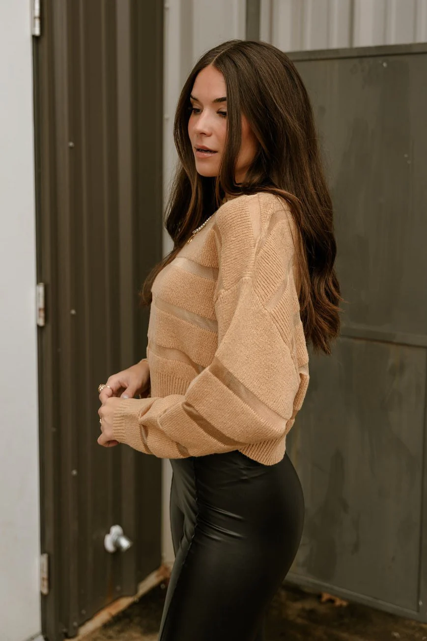 Camile Camel Mesh Stripe Knit Sweater - Image 8