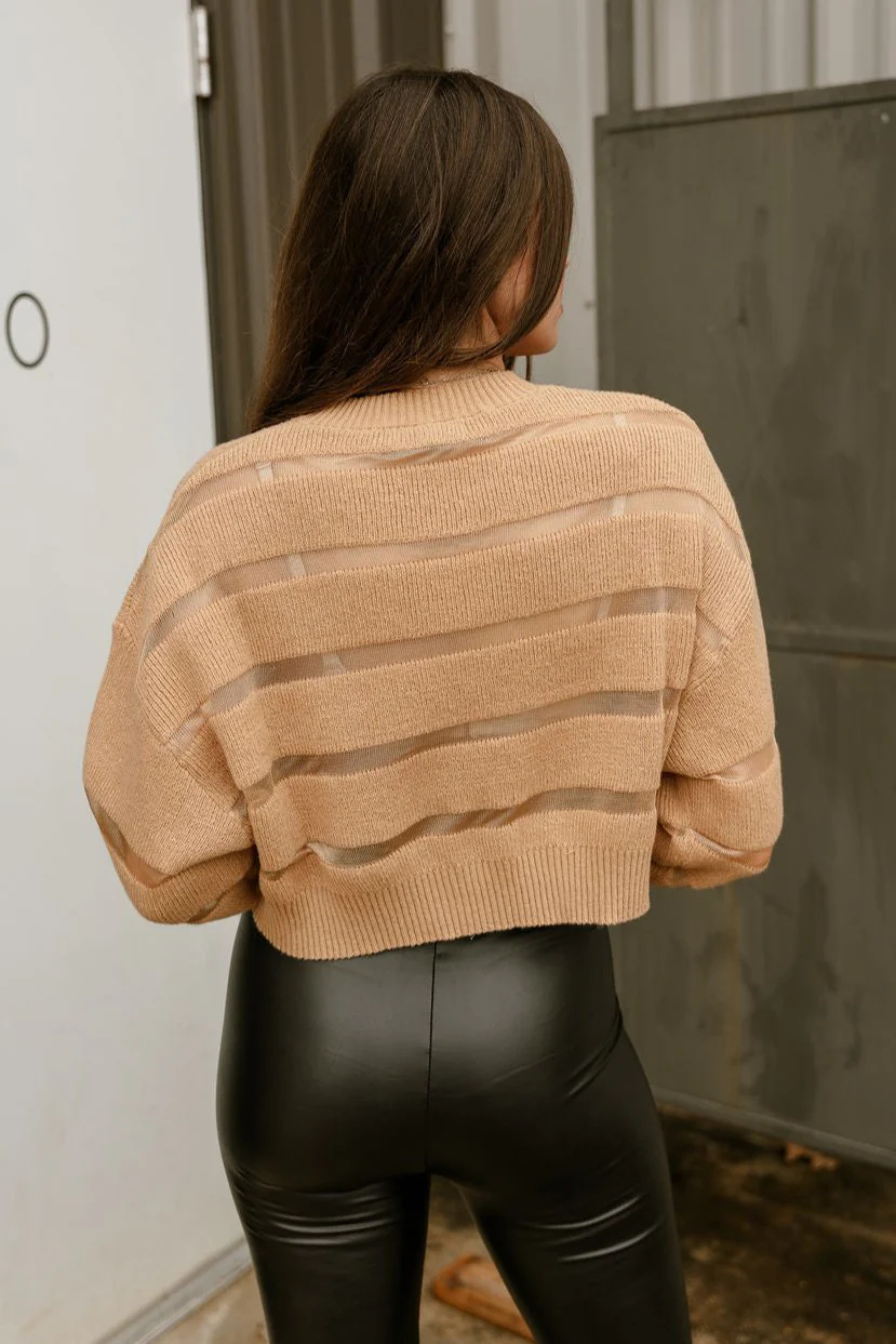 Camile Camel Mesh Stripe Knit Sweater - Image 9