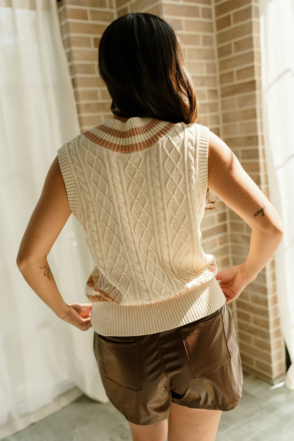 Arya Cream & Camel V-Neck Sweater Vest - Image 4