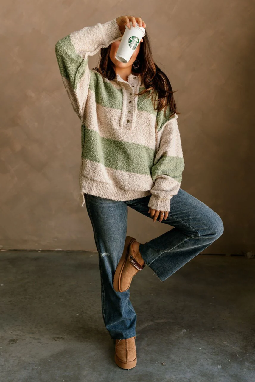 Maya Sage & Cream Stripe Knit Sweater - Image 2